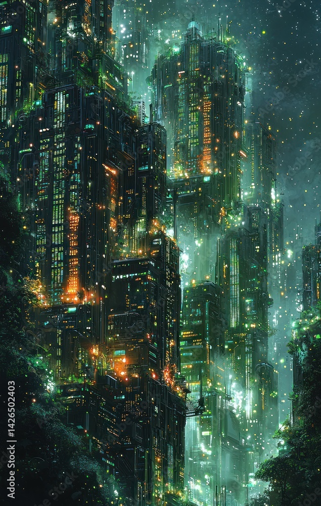 Futuristic Cityscape at Night with Glowing Lights and Greenery