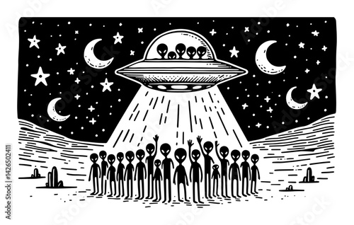 group of aliens on mars with ufo spaceship sketch vector illustration
