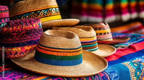Colorful straw hats with vibrant woven bands displayed on a textile.