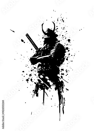 samurai warrior with katana in grunge ink splash sketch vector