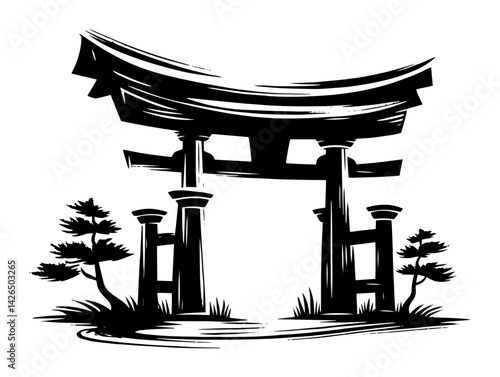 japanese torii gate with bonsai trees in brush sketch style vector
