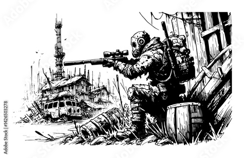 post-apocalyptic sniper with gas mask in ruined world sketch vector