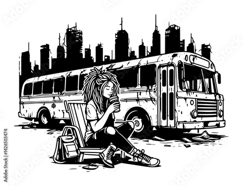 urban girl with coffee in post-apocalyptic city with abandoned bus sketch