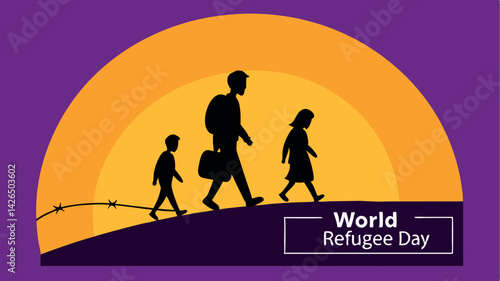 Silhouette Family Walking, Barbed Wire on Landscape, Orange Gradient Backdrop, Purple