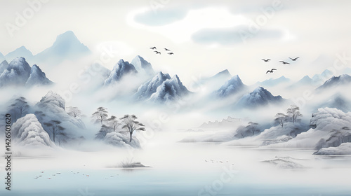 blue and white mountain clouds chinese painting
