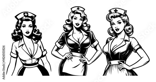 pin-up girls dressed as vintage nurses sketch vector illustration