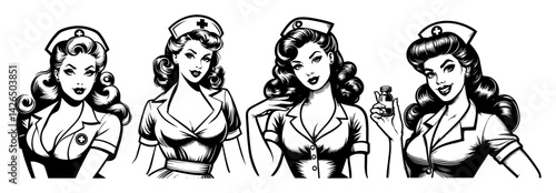 pin-up girls dressed as vintage nurses sketch vector illustration