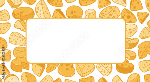 Frame template with cheeses of different flavors and types. Cheese tasting. Farming and cheese making. Beer snacks for a party. Vector illustration for a grocery store