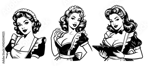 pin-up girls dressed as vintage maids sketch vector illustration
