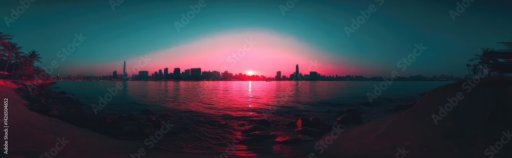 Fototapeta premium Vibrant sunset over a cityscape reflected in calm water, viewed from a shoreline with dark silhouettes of trees