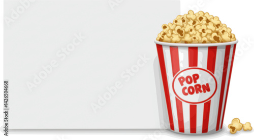 White blank paper popcorn bucket full of popcorn for placing graphics. Mockup of packaging template isolated on a white background
