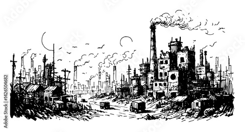 post apocalyptic ruined city sketch vector illustration