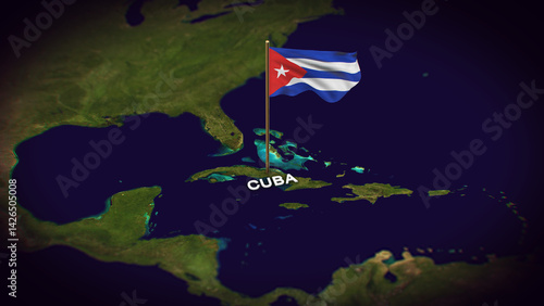 Photography The Flag of Cuba on the World Map, Cuba map with flag 3d animation