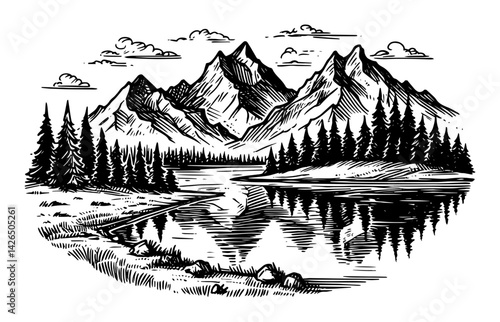 mountain lake landscape sketch vector illustration