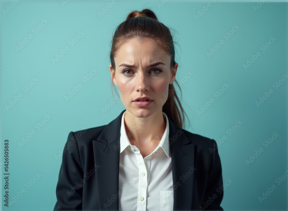custom made wallpaper toronto digitalA woman with pale skin and a ponytail, wearing a business suit, expressing sadness, standing in front of a pastel blue background with studio lighting.