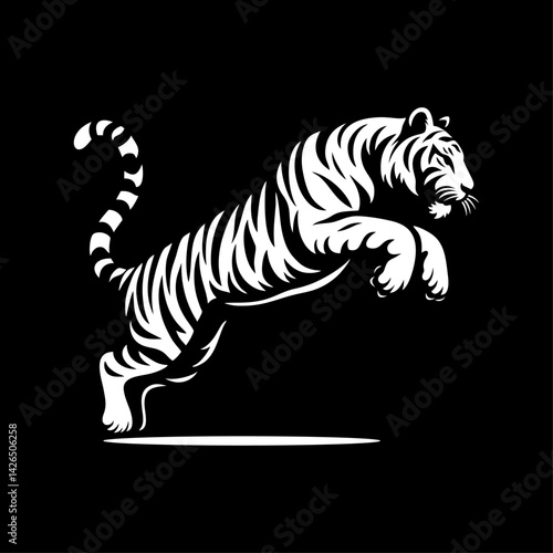 Tiger logo vector illustration template black and white. Simple design icon of wild animal jumps