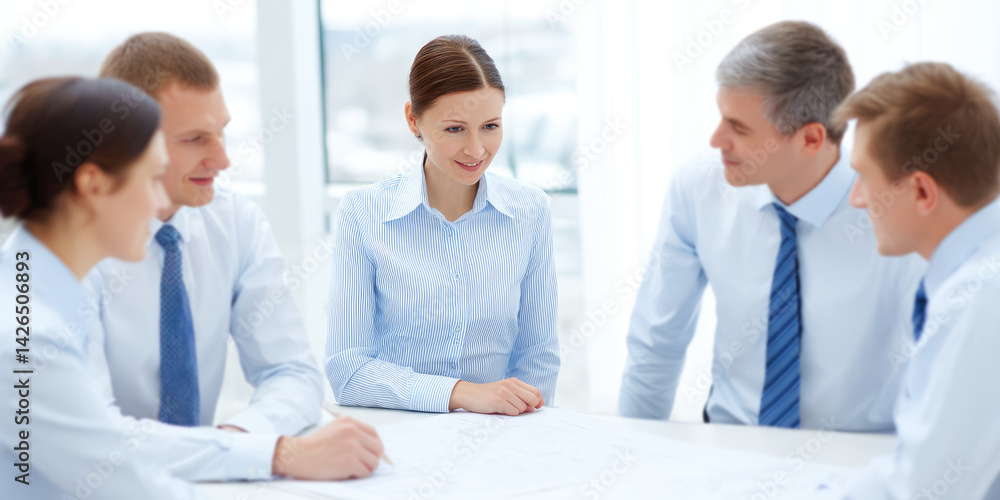 The business team discusses a project around a table in the office The business team discusses a project around a table in the office