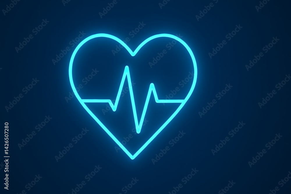 Neon Heartbeat Line in Heart Shape on Dark Blue Background Neon Heartbeat Line in Heart Shape on Dark Blue Background