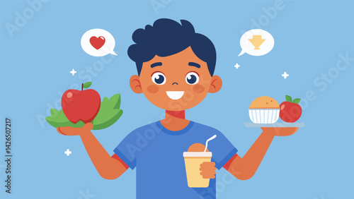 A young influencer posing with a healthy snack in a sponsored Facebook post inspiring other kids to make smart food choices.. Vector illustration
