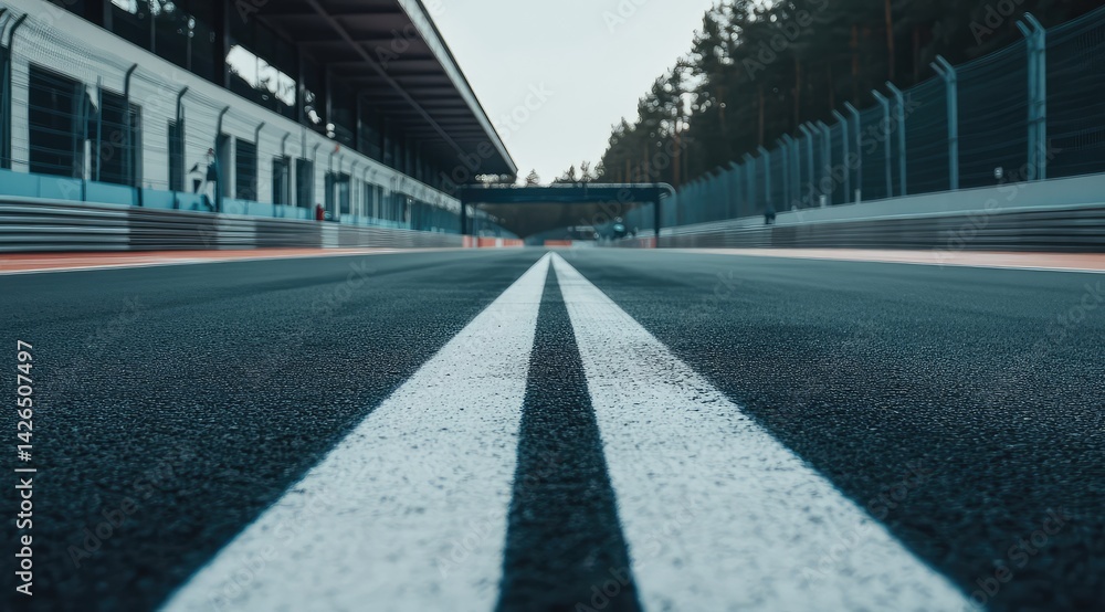 Fototapeta premium Asphalt racetrack with double white lines, leading to a covered pit area and trees