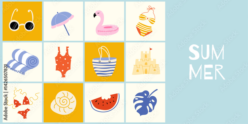 Naklejka premium Summer banner, poster, cover, card with cute beach & vacation hand drawn doodle elements. Vector design template for sale, discount, branding, social media ads, promo, festivals, holiday greetings.