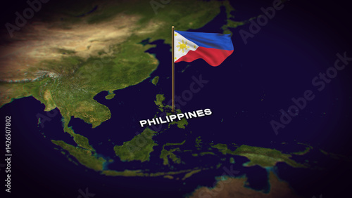 The Flag of Philippines on the World Map, Philippines map with flag 3d animation