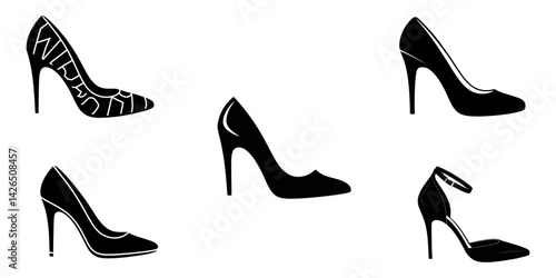 black female shoes, Silhouette of women's stiletto dress shoes, Women’s Fashion Shoes, Women shoes silhouette, A stunning red high-heeled shoe with spikes, set against a background.
