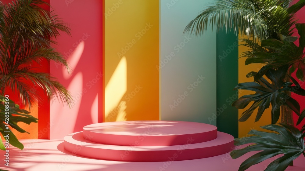 Obraz premium Pink podium with tropical plants against a colorful striped background.