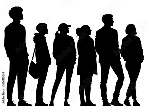 Silhouettes of diverse young adults in a row, showcasing various heights and styles, illustrating unity in diversity.