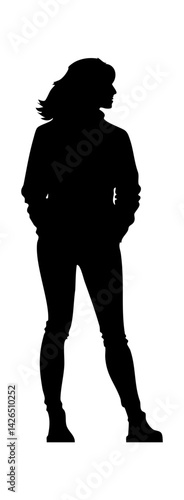 Silhouette of a young woman in casual attire, exuding confidence and poise against a plain background.
