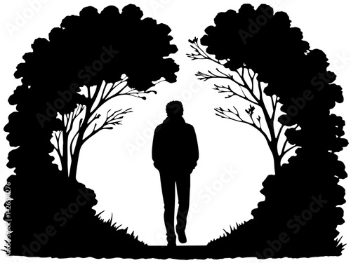 Silhouette of a male figure walking through a natural archway made of trees, evoking a sense of peace and solitude.