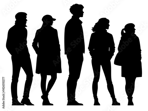 Silhouettes of diverse friends standing in profile, showcasing a mix of styles and postures against a light backdrop.