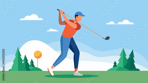 As the golfer tees up the ball and readies their swing the surrounding scenery seems to fade away leaving only the game and the perfect swing ahead.. Vector illustration