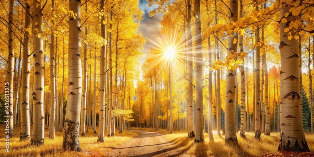 Golden Aspens Gleam Along a Sunlit Path in Autumn