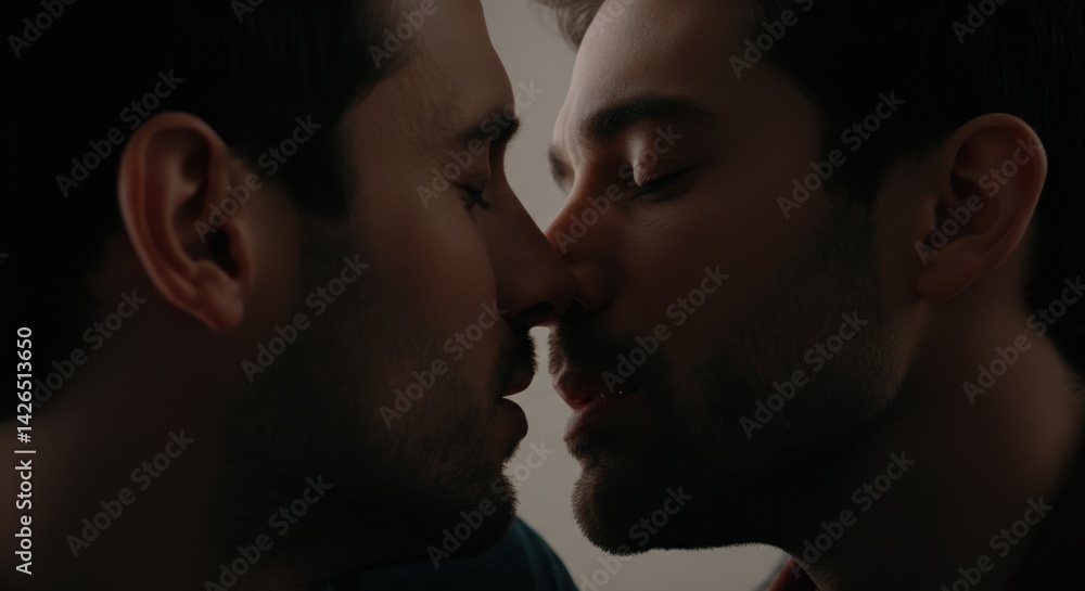 Two young caucasian males in intimate close-up Two young caucasian males in intimate close-up