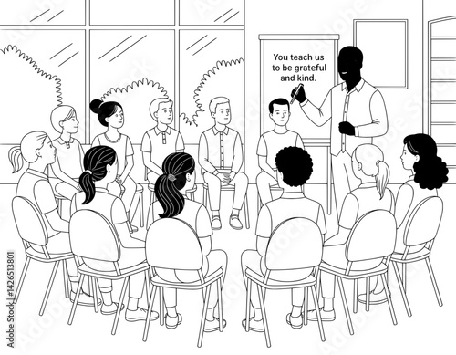 A black and white illustration depicts a diverse group of children and young adults seated in a circle, engaged in a lesson on gratitude and kindness