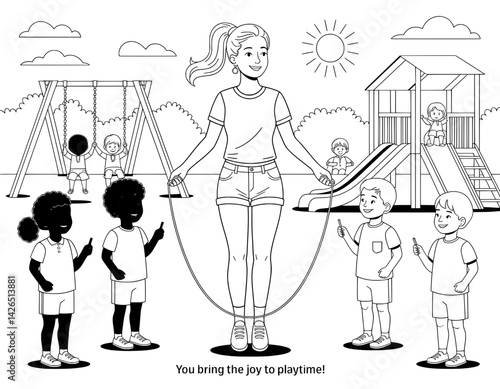 A black and white illustration of a diverse group of children and an adult at a playground