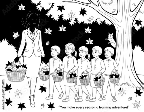 A heartwarming image of a diverse group of children and an adult, likely a teacher or mentor, engaged in a fall activity, perhaps a nature walk
