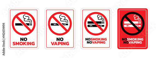 No smoking and no vaping sign vector set with stop sign, text, cigarette and tobacco. Sign for public, flat vector isolated on white background.