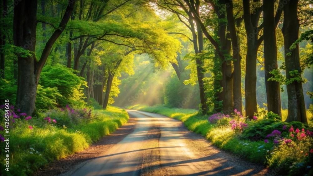 Naklejka premium Serene sunlit path through a lush green forest canopy with vibrant wildflowers along the roadside