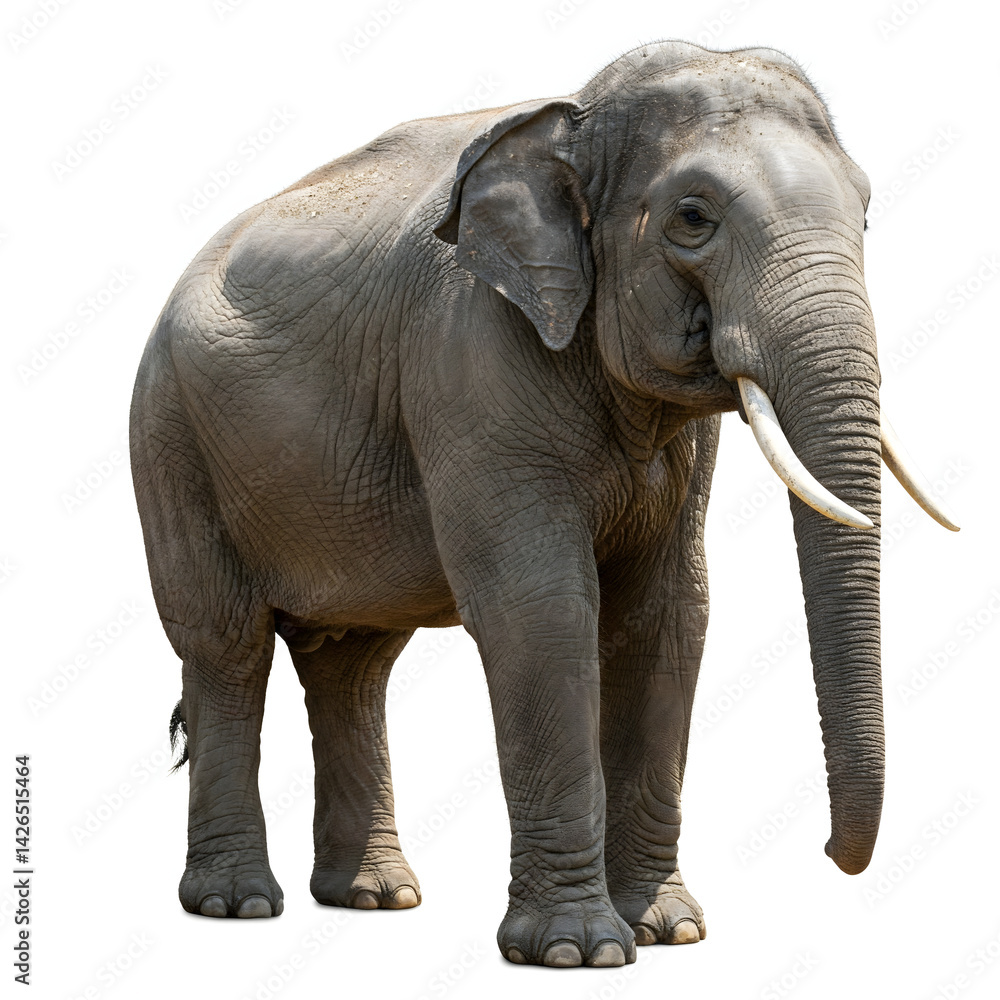 Obraz premium Majestic Elephant in Close-Up: A formidable adult elephant stands regally, showcasing its impressive tusks, textured skin, and profound gaze, evoking the grandeur and serenity of the animal kingdom.