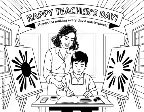 A heartwarming black and white illustration depicts a teacher guiding a student in an art class on Happy Teacher's Day