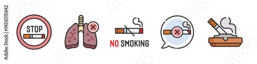 No smoking icon set with stop sign, text, lungs, cigarette and tobacco. Editable stroke and flat vector isolated on white background.