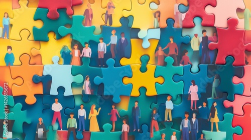 Colorful jigsaw puzzle pieces with diverse miniature people figures forming a community.