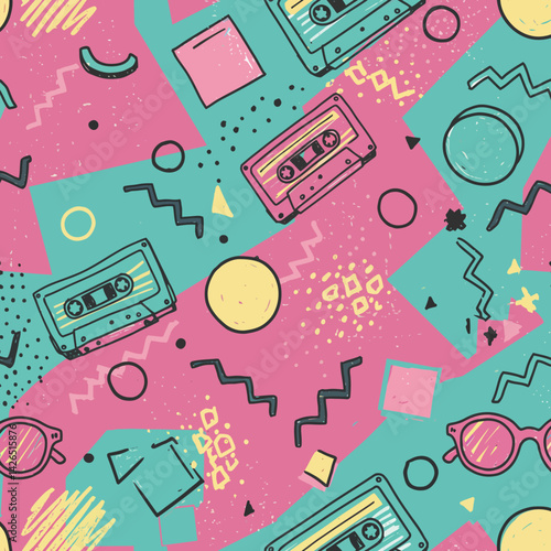Colorful 80sthemed cassette mixtape pattern