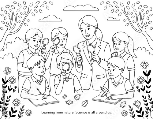 A captivating black and white illustration depicts a group of children and a teacher outdoors, surrounded by nature, actively observing the world around them with magnifying glasses