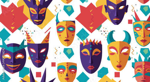 Colorful geometric masquerade masks over white