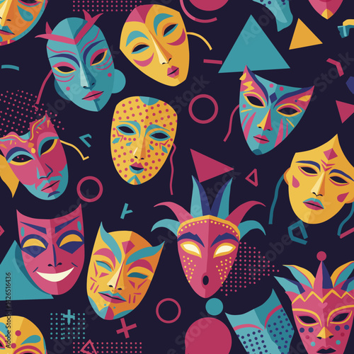 Colorful patterned masks over dark background