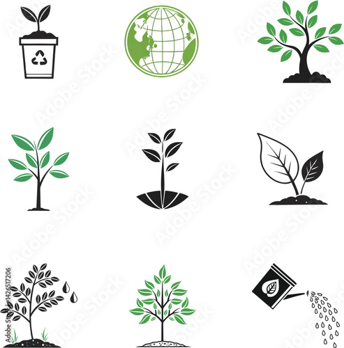 Eco Growth Icons  Nature, Recycling, and Sustainable Plant Symbols