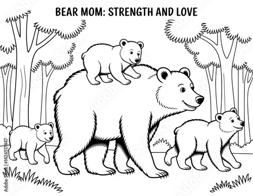 A heartwarming black and white coloring page featuring a bear mom with two cubs, one on her back